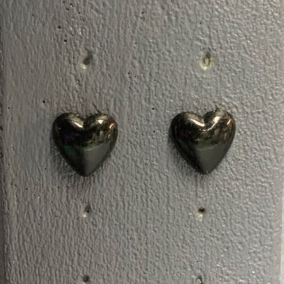 Vintage Jewelry - Puffy Heart Stud Earrings 0.5 In Silver Pierced Small Black Goth Punk Emo Retro